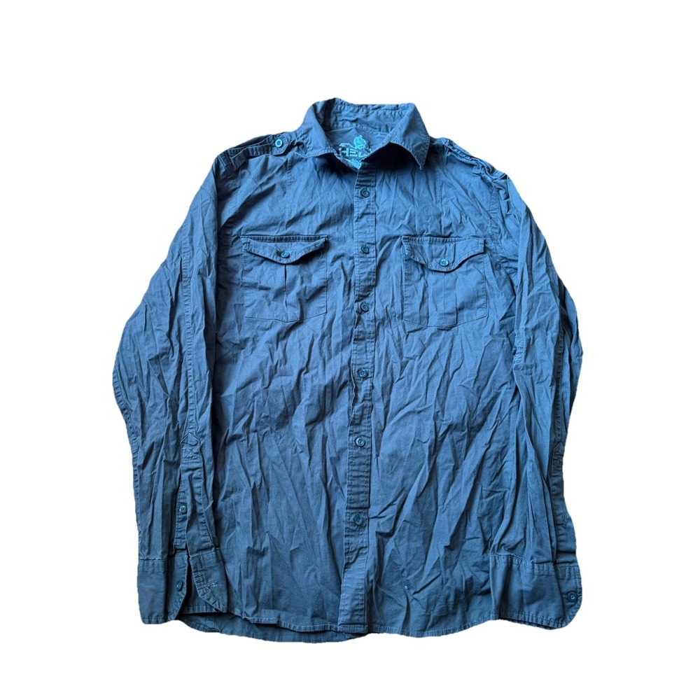 Helix Mens Military Utility Shirt Button Down Green Size Large Y2K
